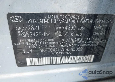 2012 Hyundai Sonata Limited z USA, uszkodzony, nr VIN 5NPEC4AC7CH385089